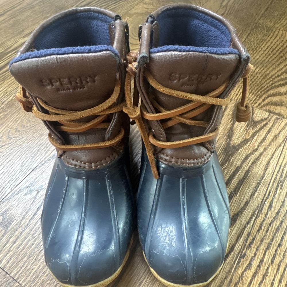Sperry Kids Saltwater Duck Boots Brown Navy Waterproof Size 10M Youth